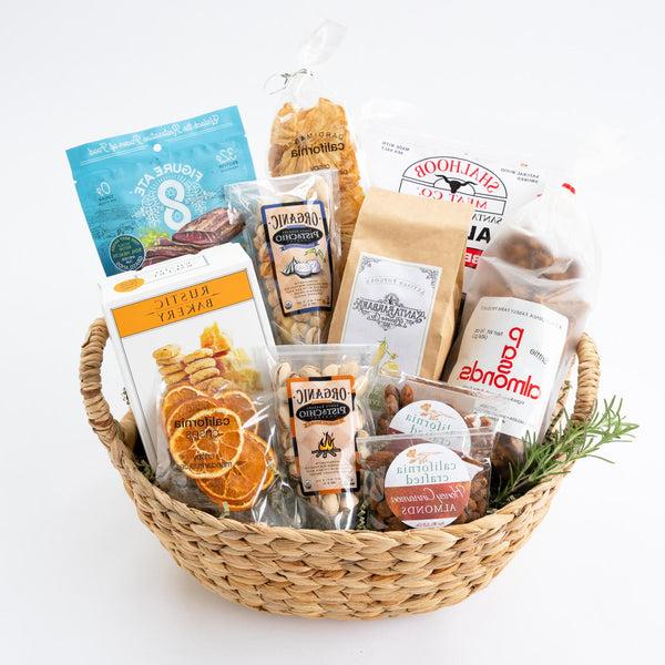 California Farm Snacks Basket with almonds, pistachios, cheese coins, jerky and more.